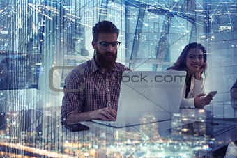 Businessman in office connected on internet network. concept of startup company