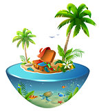 Tropical island with palm trees in sea. Outdoor suitcase and clothes for beach holiday