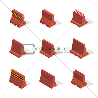 Set of plastic road barriers in 3D, vector illustration.