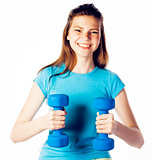 young pretty slim blond woman with dumbbell isolated cheerful smiling, measuring herself, diet people concept on white background