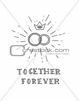 Couple of wedding rings with sun rays and crown. Old school tattoo style poster or card design. Vector illustration.