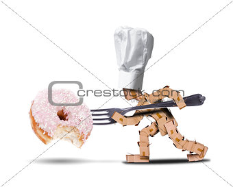 Chef box character attacking a large donut