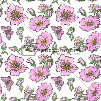 Little wild dog rose seamless background flowers with buds pattern boho style
