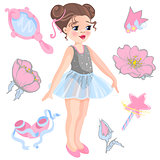 Vector illustration of little ballerina and other related items magic wand, star, glitters, flower of rose, mirror, crown, tiara.