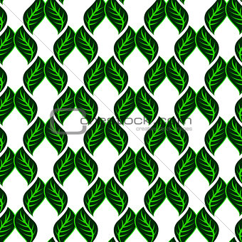 Seamless white pattern with green leaves