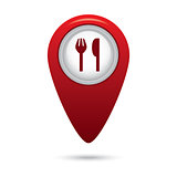 Red map pointer with fork and spoon icon