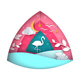 Flamingo illustration. Cartoon paper landscape.