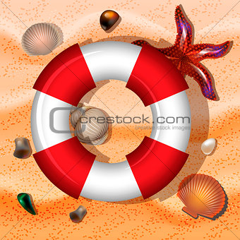 Shells, lifebuoy, and starfishes on sand background. Vector illustration.