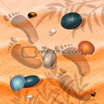 Hello, summer. Summer background sand, seashell and footprints in the sand illustration