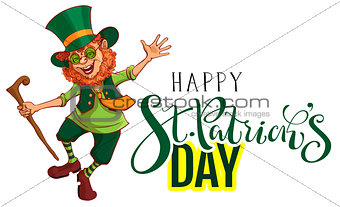 Happy St.Patrick's Day text greeting card. Red funny leprechaun gaily dances
