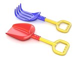 Plastic toy spade and rake. 3D