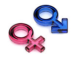 Male and female sex symbols. Transparent gems. 3D