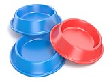 Two blue pet bowls for food and one red. 3D