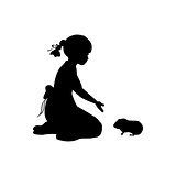 Silhouette girl sitting knees beckon guinea pig