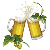 Two mugs with beer and hops