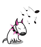 Cute vector cartoon dog. White Bull Terrier listening to music.