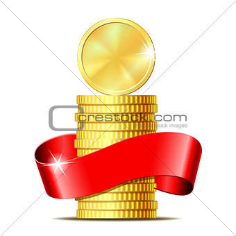 Stack of coins with red ribbon.