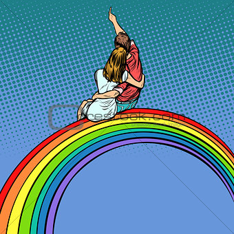 loving couple man and woman sitting on a rainbow, romantic date