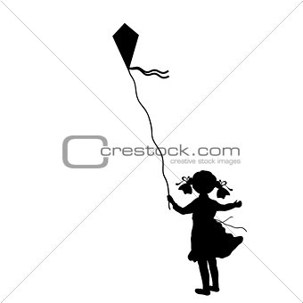 Silhouette girl flying kite summer
