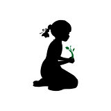 Silhouette girl sitting knees plant sprout