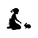 Silhouette girl sitting knees beckon rabbit