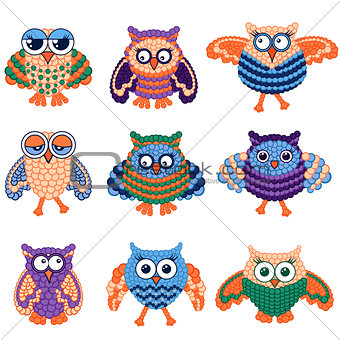 Set of nine amusing owls