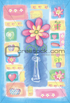 Beautiful hand drawn card with flower in a vase.