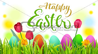 Happy easter text greeting card. Season spring green grass, colored eggs and flowers