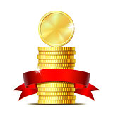 Stack of coins with red ribbon.