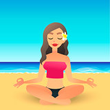 Cartoon young beautiful girl on beach practicing yoga. Flat vector women meditates and relaxes. Physical and spiritual therapy concept. Mind body spirit. Lady in lotus position.