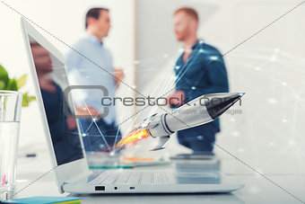Businessperson in office work for a startup of a company with a rocket