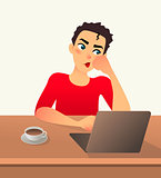 Girl freelancer bored. Young woman works at home sitting in front of a laptop. Cartoon flat girl working online or studying and learning while using notebook at cafe. Freelance work concept.