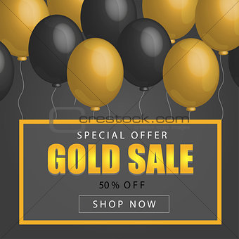 Sale Poster with shiny balloons on dark Background with golden, glitter frame