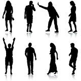 Black silhouette group of people standing in various poses