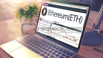 The Dynamics of Cost of ETHEREUM on the Laptop Screen. 3d