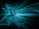 3D male figure running on abstract techno background