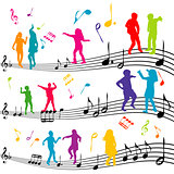 Abstract music note with silhouettes of kids dancing