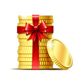 Stack of coins with red ribbon and gift bow.