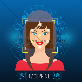 Vector Face Recognition or Faceprint technology scanning woman's face with Abstract Tech Background.