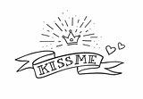Traditional tattoo design with ribbon, hearts and crown. Kiss me fancy quote. Vector illustration.