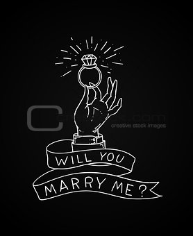 Man's hand with a wedding ring with a diamond. n offer of marriage illustration in old school tattoo style. Vector illustration.