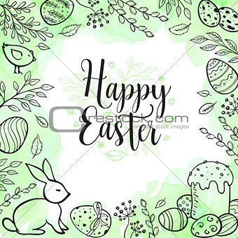 Easter greeting card with eggs and rabbit