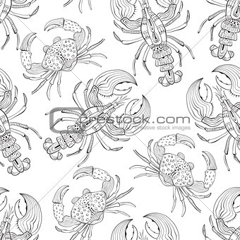 Vector Seamless Pattern with Lobsters and Crabs