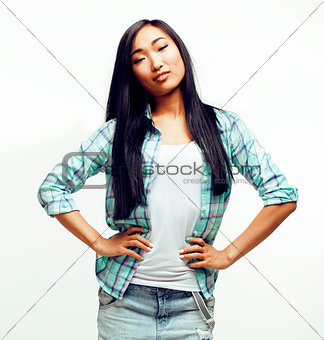 young pretty asian woman posing cheerful emotional isolated on w