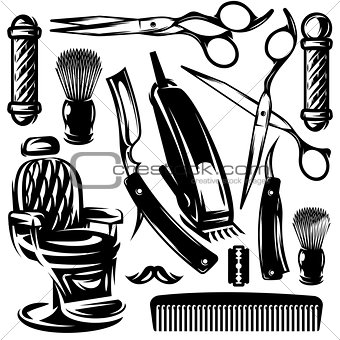 vector monochrome set of accessories and tools in barber shop
