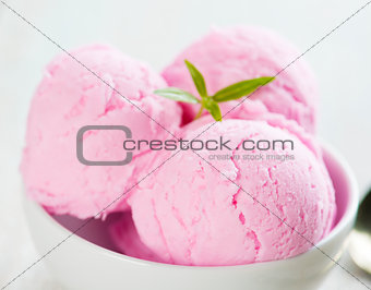Pink ice cream bowl close up
