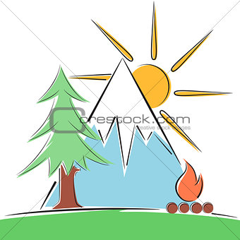 Cartoon paper landscape. Tree, mountain, fire illustration.