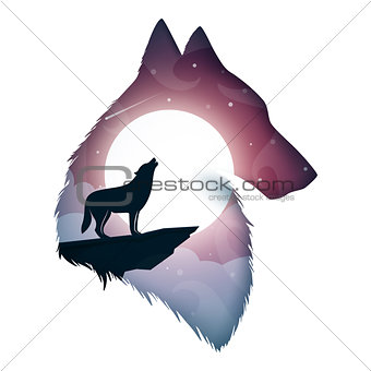Wolf illustration. Cartoon paper landscape.