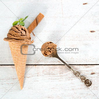 Chocolate ice cream cone top view