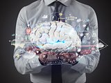 Man holds a brain with business drawing sketches on his hands. 3D Rendering